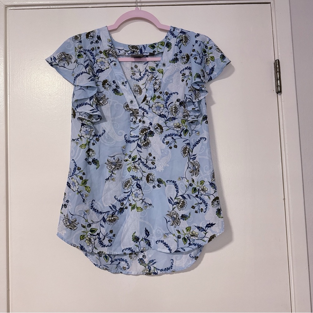 New York & Company SoHo Blue Floral Ruffle Blouse 001
